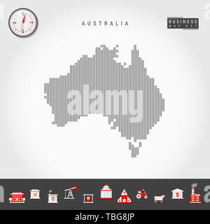 Motif de lignes verticales Carte de l'Australie. Simple à rayures Silhouette de l'Australie. Boussole réaliste. L'infographie d'icônes. Banque D'Images