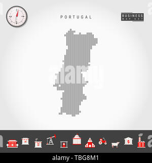 Motif de lignes verticales Carte de Portugal. Silhouette Simple rayée du Portugal. Boussole réaliste. L'infographie d'icônes. Banque D'Images