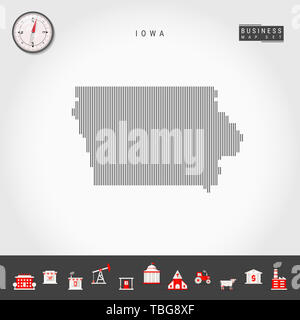 Motif de lignes verticales Plan de l'Iowa. Simple à rayures Silhouette de l'Iowa. Boussole réaliste. L'infographie d'icônes. Banque D'Images