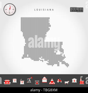 Motif de lignes verticales Plan de la Louisiane. Silhouette Simple rayée de la Louisiane. Boussole réaliste. L'infographie d'icônes. Banque D'Images