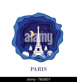 PARIS ville de France en métiers d'art numérique papier scène de nuit. Destination de voyage et concept historique. Style Papercraft Illustration de Vecteur