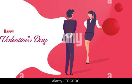 Happy Valentine's day design plat. Man giving rose à son amie pour flirter romantique. Concept de design graphique. Vector illustration Illustration de Vecteur