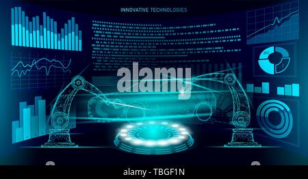 Bras robot poly faible voiture assemblée générale des techniques d'automatismes. Usine d'entreprise industrielle machine-robot soudeur. Soudage carrosserie bleu polygone main android Illustration de Vecteur