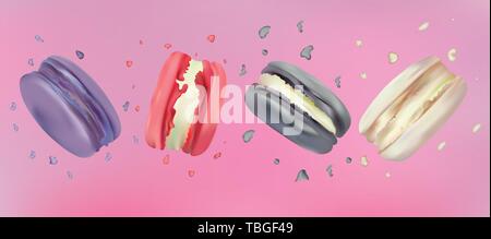 3D réaliste en macarons fond rose. Set Français colorés en mouvement doux. Macarons français de chuchotement. Relevant les macarons. Vector Illustrator. Illustration de Vecteur