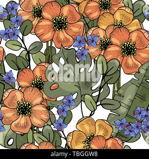 Vector wallpaper laisser tropical. Abstract floral moderne illustration sur toile de lumière. Motif jaune transparente fowers. Illustration de Vecteur