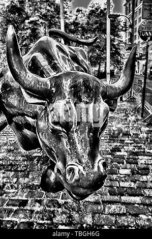 Wall Street bull sculpture , noir et blanc , illustration, Manhattan, New York City Banque D'Images