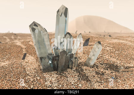 Un cluster de magic crystal se rassemblent dans le désert, rendu 3d. Fond numérique de l'ordinateur. Banque D'Images