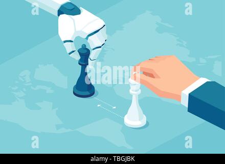 Vecteur d'un robot et la main de l'homme jouant aux échecs. L'Intelligence Artificielle vs concept humain Illustration de Vecteur