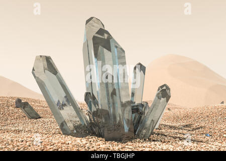 Un cluster de magic crystal se rassemblent dans le désert, rendu 3d. Fond numérique de l'ordinateur. Banque D'Images