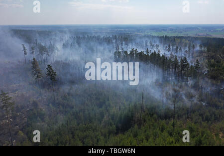 Drone image du feu de forêt juste au nord de Söderköping, Suède. Banque D'Images