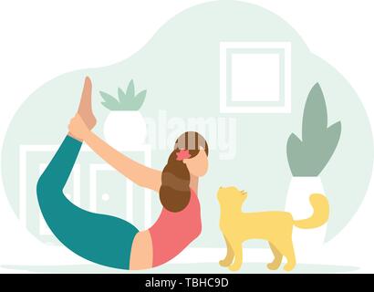 Poser Bow. Woman doing Yoga avec cat Illustration de Vecteur