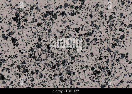 Noir brillant ronde aléatoire éclaboussures de peinture sur fond gris. Texture monochrome abstrait pour la conception de sites web, l'impression numérique, de la mode ou concept design. Banque D'Images