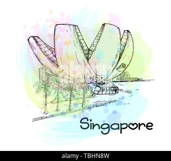 Style croquis dessinés à la main, Singapour ville avec musée ArtScience isolé sur fond blanc. Vector illustration. Illustration de Vecteur