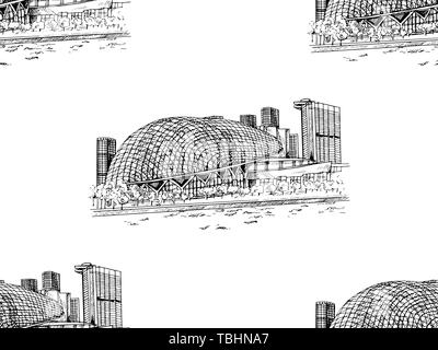 Motif de la main transparente style croquis Singapore city skyline avec Esplanade Theatres isolé sur fond blanc. Vector illustration. Illustration de Vecteur