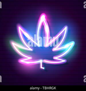 Logo cannabis médical avec des feuilles de marijuana Glowing Neon Sign. Illustration de Vecteur