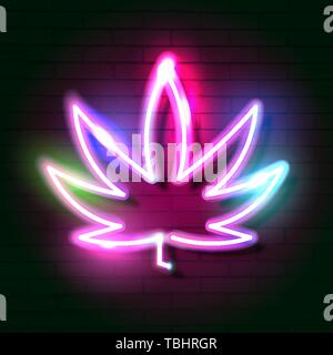 Logo cannabis médical avec des feuilles de marijuana Glowing Neon Sign. Illustration de Vecteur