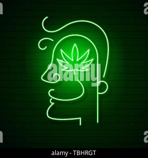 Logo cannabis médical avec des feuilles de marijuana Glowing Neon Sign. Illustration de Vecteur