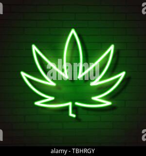 Logo cannabis médical avec des feuilles de marijuana Glowing Neon Sign. Illustration de Vecteur
