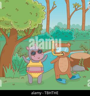 Hippo et bear cartoon design, tourisme et vacances d'été thème saison Vector illustration Illustration de Vecteur
