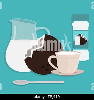 Pichet de lait, tasse de lait de coco en poudre d'emballage. Dans une cuillère avant de la tasse. Fond bleu. Illustration de Vecteur