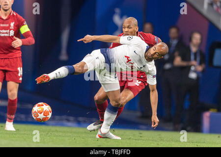 Lucas Rodrigues Moura da Silva (Tottenham Hotspur F.C.) Fabinho Henrique Tavares (Liverpool FC) lors de la finale de la Ligue des Champions match entre Tottenham 0-2 Liverpool FC à l'Estadio Metropolitano de Madrid, Espagne, Juin 1, 2019. (Photo de Maurizio Borsari/AFLO) Banque D'Images