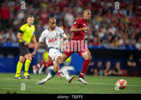 Lucas Rodrigues Moura da Silva (Tottenham Hotspur F.C.) Fabinho Henrique Tavares (Liverpool FC) lors de la finale de la Ligue des Champions match entre Tottenham 0-2 Liverpool FC à l'Estadio Metropolitano de Madrid, Espagne, Juin 1, 2019. (Photo de Maurizio Borsari/AFLO) Banque D'Images