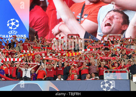 Madrid, Espagne. 01 Juin, 2019. Des fans de Liverpool, les fans de football, la jubilation, la joie, l'enthousiasme, la finale de la Ligue des Champions de football 2019/Tottenham Hotspur-Liverpool FC 0-2, Saison2018/19, au 01.06.2019, Wanda Stade Metropolitano. Utilisation dans le monde entier | Credit : dpa/Alamy Live News Banque D'Images