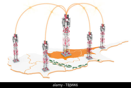 Communications mobiles à Chypre, les antennes relais sur la carte. Le rendu 3D isolé sur fond blanc Banque D'Images