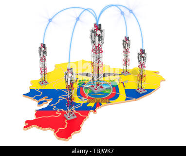 Les communications mobiles en Equateur, les antennes relais sur la carte. Le rendu 3D isolé sur fond blanc Banque D'Images