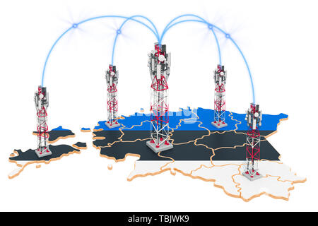 Les communications mobiles en Estonie, les antennes relais sur la carte. Le rendu 3D isolé sur fond blanc Banque D'Images