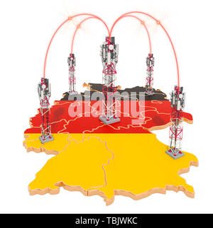 Les communications mobiles en Allemagne, les antennes relais sur la carte. Le rendu 3D isolé sur fond blanc Banque D'Images