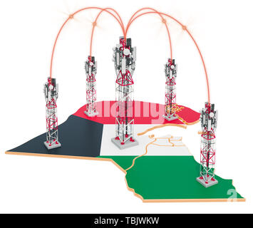 Les communications mobiles au Koweït, les antennes relais sur la carte. Le rendu 3D isolé sur fond blanc Banque D'Images