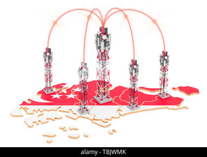 Communications mobiles à Singapour, les antennes relais sur la carte. Le rendu 3D isolé sur fond blanc Banque D'Images