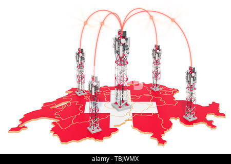 Les communications mobiles en Suisse, tours de téléphonie cellulaire sur la carte. Le rendu 3D isolé sur fond blanc Banque D'Images