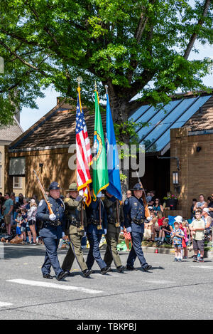 L'US Customs and Border Protection Color Guard dans le 2019 agriculteurs Lynden Day Parade. Lynden, Washington Banque D'Images