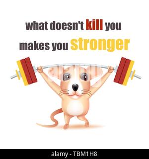 Rat mignon exercing par soulever des poids avec messages d'encouragement sur fond blanc. Vector illustration. Illustration de Vecteur