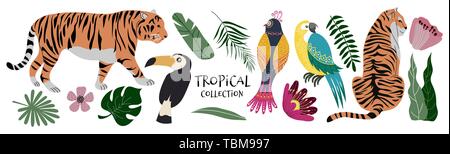 Collection tropicale fleurs exotiques, de feuilles, d'oiseaux et des tigres. Télévision Cute Vector éléments isolés sur le fond blanc Illustration de Vecteur