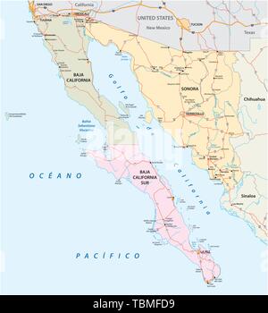 Carte routière de les états mexicains de Basse-californie et Sonora Baja California South Illustration de Vecteur