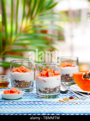 Dessert avec la papaye, le yogourt et granola dans des verres. Arrière-plan de plein air. Copy space Banque D'Images
