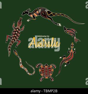 Les animaux de l'Australie. Le kangourou, llizard, crocodile, tortue, serpent, poisson. Style d'art autochtone. Vector illustration couleur isolé sur fond vert. Illustration de Vecteur