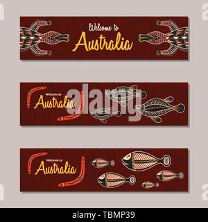 Bannière horizontale dans les modèles de style aborigène de l'Australie. Crocodile, boomerang, poissons, des éléments décoratifs. Inscription Bienvenue. Couleur du vecteur. Illustration de Vecteur