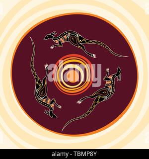 Kangourous sauter autour du soleil. Style des autochtones. Abstract Vector illustration en couleur. Illustration de Vecteur