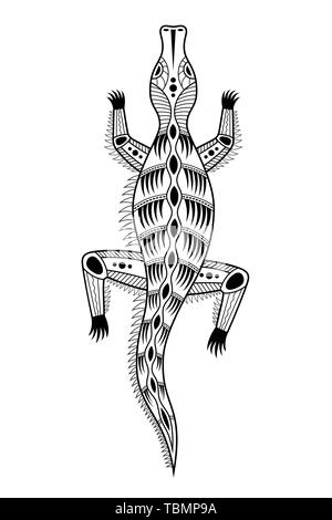 Crocodile. Style d'art autochtone. Tatoo. Logo noir et blanc. Vector illustration monochrome isolé sur fond blanc. Illustration de Vecteur