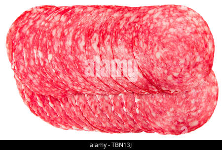 Vue de dessus du salami fumé tranches de saucisse. Plus isolé sur fond blanc Banque D'Images