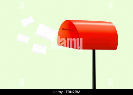 Illustration de la boîte de courrier dans l'appartement de style. Ouvrez mail box rouge avec des enveloppes. Banque D'Images