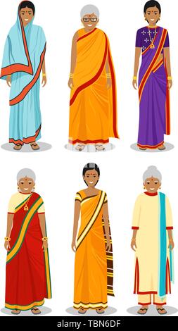 Femme indienne. Ensemble de différents standing vieux, et les jeunes femmes adultes dans la traditionnelle tenue nationale isolé sur fond blanc dans un style plat Illustration de Vecteur