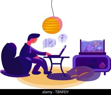 Homme vecteur indépendant travaillant sur un laptoop à partir de la maison. Jobe distant en ligne à partir de n'importe où. L'art d'encre gravée Isolatedn travail à distance de l'élément d'illustration. Illustration de Vecteur