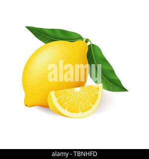 Citron jaune vif réaliste avec feuille verte vecteur entières et tranchées Illustration de Vecteur