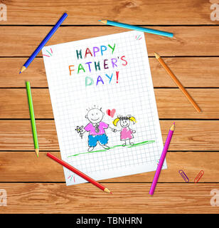 Le jour de père heureux Baby Hand Drawn Illustration de père tenir la main avec sa fille sur les feuilles de papier graphique ou vérifiée sur la table en bois avec pe de couleur Banque D'Images