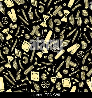 Modèle sans couture avec macaroni italien de différentes sortes. couleur jaune lumière part dessiner sur fond noir. Vector illustration Illustration de Vecteur